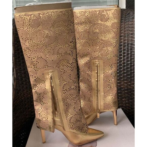 Jessica Simpson BRYKIA2 Gold Hollow Out Pointed Toe Knee High Western Boots - Picture 9 of 12
